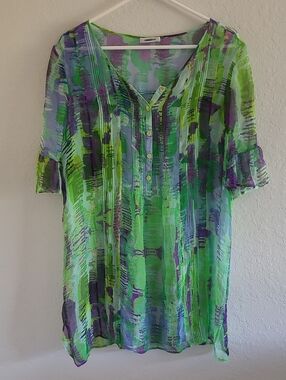 Ambiente Silk Green & Purple Sheer Pintuck V-Neck Tunic Top. Sz 10.